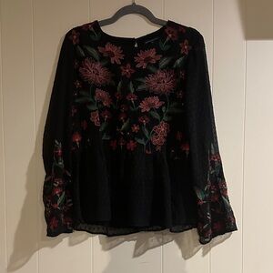 American Eagle Outfitters Black Blouse with Pink Floral Embroidery